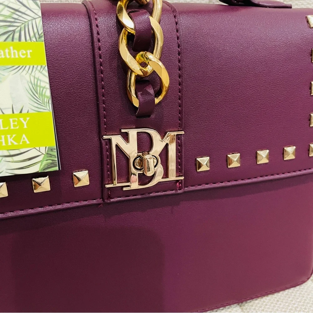 NEW Badgley Mischka Plum Vegan Leather Studded Top Handle‎ Satchel Crossbody Bag